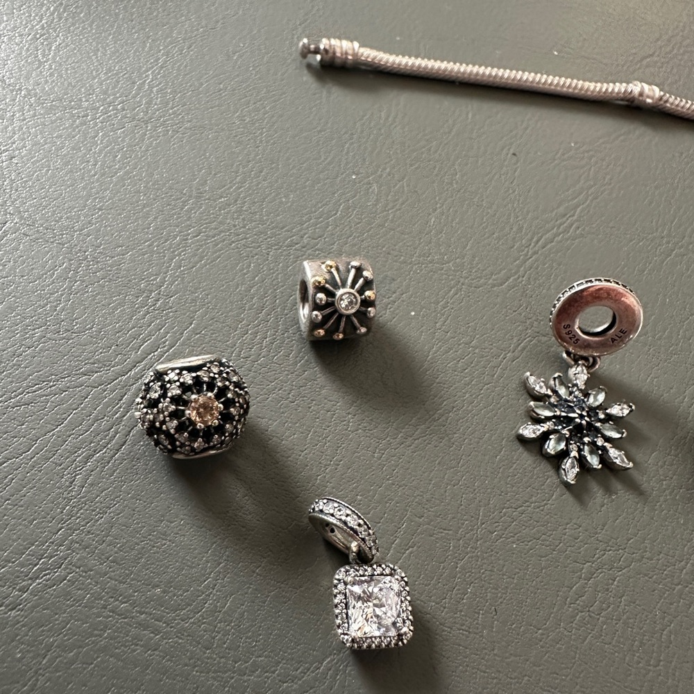 Pandora Bracelet w/14 charms worn about 3 times-dangling snowflake not included - Picture 2 of 6